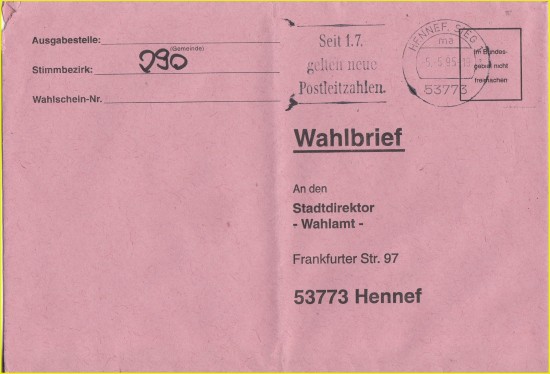 Wahlbrief aus dem Jahr 1995 mit Maschinenstempel aus Hennef, Sieg 1 Wahlbrief aus dem Jahr 1995 mit Maschinenstempel aus Hennef, Sieg 1
