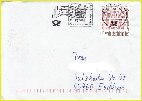 Brief mit Briefmarke, der zuerst in einer AM 990/991 Aufstell- und Stempelmaschine mit dem klassischen Maschinenstempel entwertet und auf Echtheit überprüft wurde. Dieser Brief wurde dann beim Durchgang durch die Standard- und Kompaktbriefsortieranlage im BZ 60 zusätzlich mit der Frankierwelle mittels des neuen Tintenstrahldruckmodules versehen Brief mit Briefmarke, der zuerst in einer AM 990/991 Aufstell- und Stempelmaschine mit dem klassischen Maschinenstempel entwertet und auf Echtheit überprüft wurde. Dieser Brief wurde dann beim Durchgang durch die Standard- und Kompaktbriefsortieranlage im BZ 60 zusätzlich mit der Frankierwelle mittels des neuen Tintenstrahldruckmodules versehen