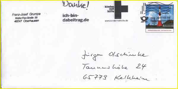 Brief aus Oberhausen, der am 20. November 2018 im Briefzentrum 46 (Duisburg) mit dem verbesserten Tintenstrahlmodul mit höherer Auflösung entwertet wurde. Hier sieht man weiter die neue Option, das die bisherige Werbefläche nun e nach Anlaß größer (länger) sein kann Brief aus Oberhausen, der am 20. November 2018 im Briefzentrum 46 (Duisburg) mit dem verbesserten Tintenstrahlmodul mit höherer Auflösung entwertet wurde. Hier sieht man weiter die neue Option, das die bisherige Werbefläche nun e nach Anlaß größer (länger) sein kann