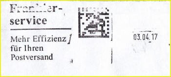 Frankierausschnit eines Briefes, der über den Frankierservice im BZ entwertet wurde, hier fehlt beim Stempel die Stempelkopfplatte, daher ist hier nur das Datum zu sehen Frankierausschnit eines Briefes, der über den Frankierservice im BZ entwertet wurde, hier fehlt beim Stempel die Stempelkopfplatte, daher ist hier nur das Datum zu sehen