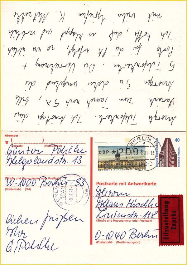 P 129 als Orts-Postkarte von West- nach Ost-Berlin per Eilzustellung vom 18.02.91 - Porto: 40 Pfg. Orts-Postkarte innerhalb Berlins ü ermäsigte Eilgebühr ins VGO 200 Pfg. = 2,40 DM Gesamtgebühr