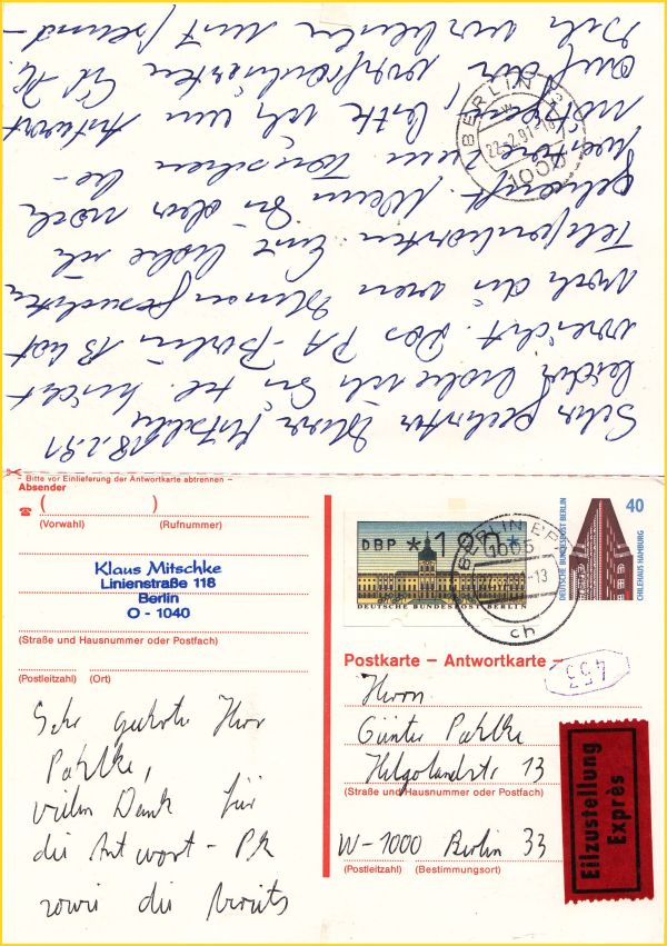 Antwortganzsache im Ortsverkehr per Eilzustellung von Ost-Berlin nach West-Berlin - Porto 30 Pfg. Postkarte + 200 Pfg. Eilgebühr = 2,30 DM Gesamtgebühr (Stempeldatum 22.2.91)