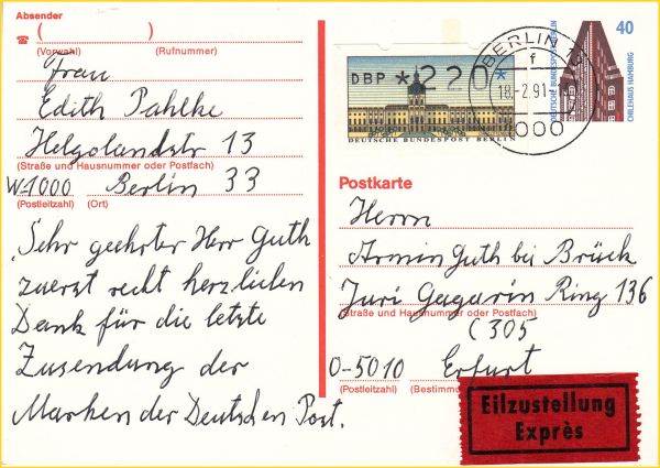 P 129 als Fern-Postkarte vom 18.02.91 ab West-Berlin nach Erfurt als Eilzustellung ins VGO - Porto 60 Pfg. Postkarte ü ermässigte Eilgebühr ins VGO 200 Pfg. = 2,60 DM Gesamtgebühr