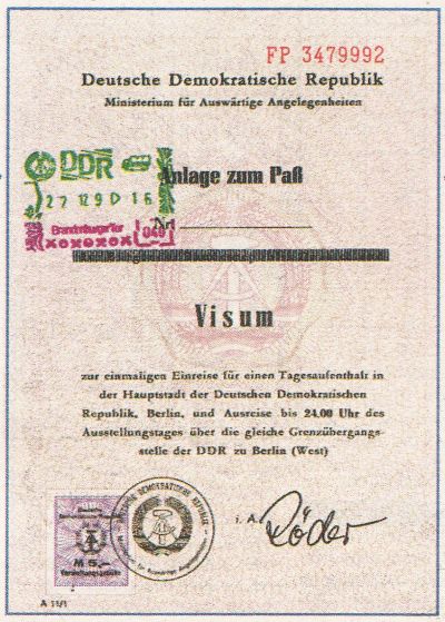 DDR-Einreisevisum für Bundesbürger mit Stempel vom 22. Dezember 1989 DDR-Einreisevisum für Bundesbürger mit Stempel vom 22. Dezember 1989