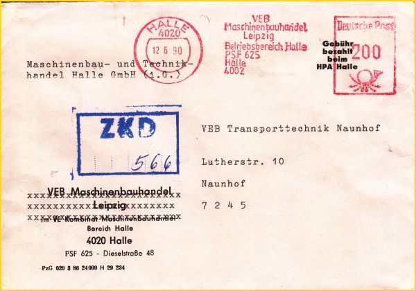 Einer der letzten ZKD-Briefe vom 12. Juni 1990 - die Bezeichnung der Firma hat sich schon geändert: statt VEB jetzt GmbH in Gründung Einer der letzten ZKD-Briefe vom 12. Juni 1990 - die Bezeichnung der Firma hat sich schon geändert: statt VEB jetzt GmbH in Gründung