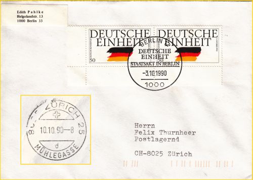 Die Marken zur Einheit mit einem der Sonderstempel vom 3. Oktober portogerecht auf einem Auslandsbrief in die Schweiz Die Marken zur Einheit mit einem der Sonderstempel vom 3. Oktober portogerecht auf einem Auslandsbrief in die Schweiz
