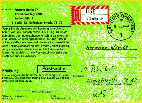 Einschreibpostsache vom Postamt Berlin 77 Postverzollungsstelle mit einem ungewöhnlichen Tagesstempel Einschreibpostsache vom Postamt Berlin 77 Postverzollungsstelle mit einem ungewöhnlichen Tagesstempel