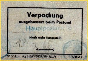 Zusätzlicher Aufkleber für eine Neuverpackung aus der frühen Zeit vom Hauptpostamt Leipzig Zusätzlicher Aufkleber für eine Neuverpackung aus der frühen Zeit vom Hauptpostamt Leipzig
