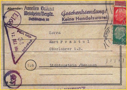Adressausschnitt einer Geschenksendung aus Weinheim Bergstr. aus dem Dezember 1955 - kontrolliert im PKA Lzg. Adressausschnitt einer Geschenksendung aus Weinheim Bergstr. aus dem Dezember 1955 - kontrolliert im PKA Lzg.