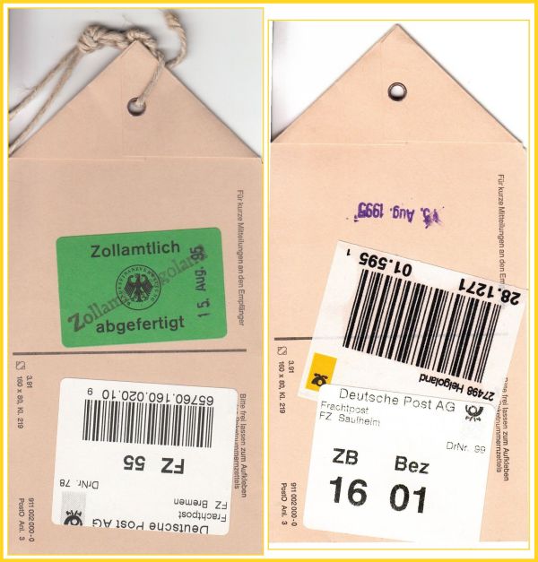 Postalischer Kofferanhänger eines 1995 innerhalb Deutschlands zollamtlich abgefertigten Koffers von Helgoland nach Eschborn (Rückseite eins mit Leitcodelabel vom Abgangsfrachtzentrum und grünen Zollsiegel mit Stempel vom Zollamt Helgoland, Rückseite zwei mit Identcode aus Helgoland und Sperrgutlagerplatz im Eingangsfrachtzentrum) Postalischer Kofferanhänger eines 1995 innerhalb Deutschlands zollamtlich abgefertigten Koffers von Helgoland nach Eschborn (Rückseite eins mit Leitcodelabel vom Abgangsfrachtzentrum und grünen Zollsiegel mit Stempel vom Zollamt Helgoland, Rückseite zwei mit Identcode aus Helgoland und Sperrgutlagerplatz im Eingangsfrachtzentrum)