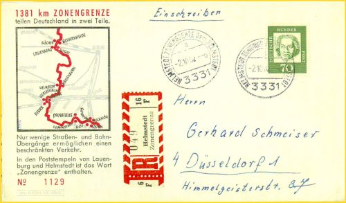 Einschreiben mit Werbezudruck zur Zonengrenze Stempel 3331 Helmstedt Zonengrenze Gem. Helmstedt 2. Oktober 1962 sowie passender Einschreibzettel Einschreiben mit Werbezudruck zur Zonengrenze Stempel 3331 Helmstedt Zonengrenze Gem. Helmstedt 2. Oktober 1962 sowie passender Einschreibzettel