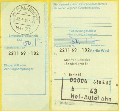 Quittung für Einzahlungsseine aufgegeben am Grenzübergangspostamt Hof Autobahn im Jahr 1983 Quittung für Einzahlungsseine aufgegeben am Grenzübergangspostamt Hof Autobahn im Jahr 1983