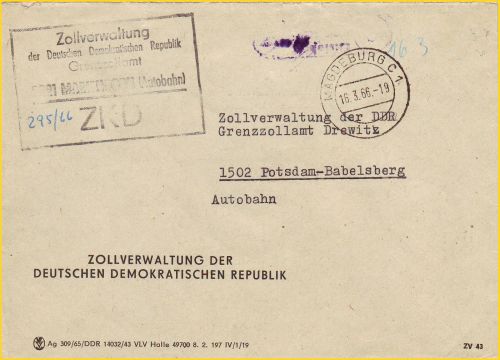 ZKD-Beleg von der Zollverwaltung Grenzkontrollamt Marienborn Autobahn aus dem Jahre 1966 ZKD-Beleg von der Zollverwaltung Grenzkontrollamt Marienborn Autobahn aus dem Jahre 1966