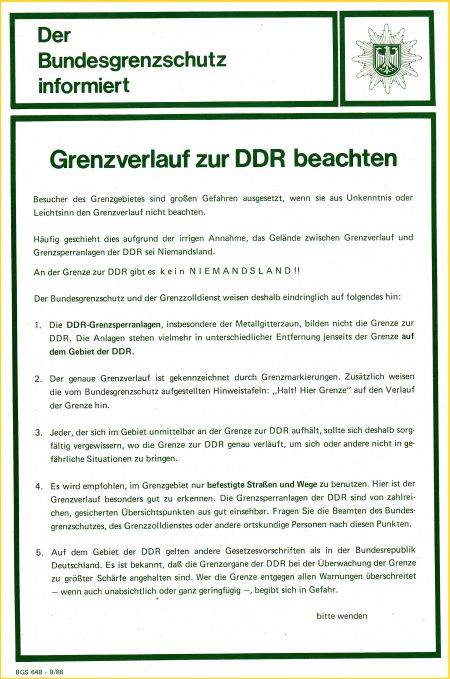 Ein Infoblatt zur Grenze vom Bundesgrenzschutz mit Stand 9/1986 - Vorderseite mit allgemeinen Infos zur Grenze Ein Infoblatt zur Grenze vom Bundesgrenzschutz mit Stand 9/1986 - Vorderseite mit allgemeinen Infos zur Grenze