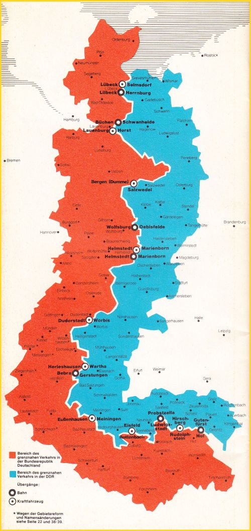 Eine Karte des grenznahen Bereiches in Ost und West aus einem Merkblatt des Bundesministerium für innerdeutsche Beziehungen für Reisen in die DDR von 1975 Eine Karte des grenznahen Bereiches in Ost und West aus einem Merkblatt des Bundesministerium für innerdeutsche Beziehungen für Reisen in die DDR von 1975