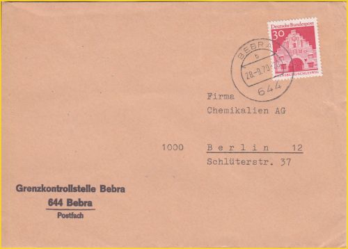 Brief von der Grenzkontrollstelle Bebra (Eisenbahn) an eine Firma in Westberlin abgeschickt am 28. September 1970 Brief von der Grenzkontrollstelle Bebra (Eisenbahn) an eine Firma in Westberlin abgeschickt am 28. September 1970