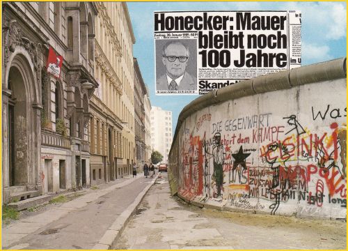 Berlin - Sebastianstr. mit Zeitungsausschnitt vom Januar 1989 mit Honecker Zitat Berlin - Sebastianstr. mit Zeitungsausschnitt vom Januar 1989 mit Honecker Zitat