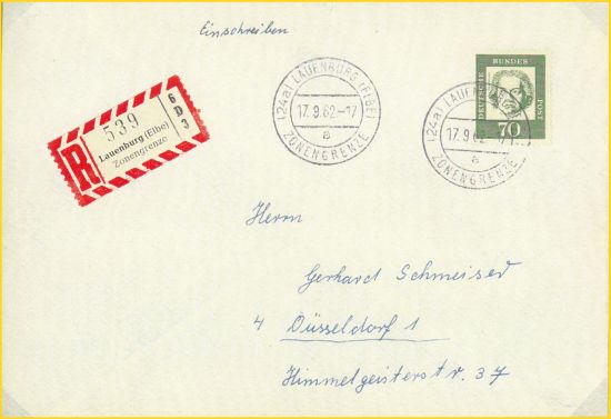 Einschreibbrief aufgegeben vom Postamt Lauenburg (Elbe) Zonengrenze am 19. September 1962 knapp ein Jahr nach Errichtung der Mauer (Sammlung M. Liebreich) Einschreibbrief aufgegeben vom Postamt Lauenburg (Elbe) Zonengrenze am 19. September 1962 knapp ein Jahr nach Errichtung der Mauer (Sammlung M. Liebreich)