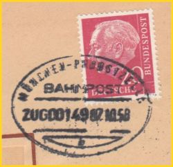 Briefausschnitt mit Bahnpoststempel München - Probstzella vom 2. Oktober 1958 - dies war noch vor dem Mauerbau Briefausschnitt mit Bahnpoststempel München - Probstzella vom 2. Oktober 1958 - dies war noch vor dem Mauerbau