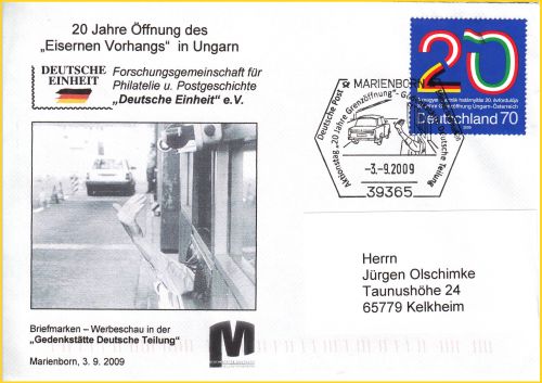 überfrankierter Inlandsbrief (aber Marke passt zum Sonderstempel) mit Sonderstempel Marienborn - anläßlich des 20. Jahrestages der Grenzöffnung in Ungarn, als wichtiger Schritt zur entgültigen Grenzöffnung 2 Monate später überfrankierter Inlandsbrief (aber Marke passt zum Sonderstempel) mit Sonderstempel Marienborn - anläßlich des 20. Jahrestages der Grenzöffnung in Ungarn, als wichtiger Schritt zur entgültigen Grenzöffnung 2 Monate später