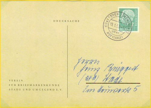 Drucksache mit seltenen Tagesstempel 13a Töpen Zonengrenze über Hof (Saale) vom 19. Januar 1959 Drucksache mit seltenen Tagesstempel 13a Töpen Zonengrenze über Hof (Saale) vom 19. Januar 1959
