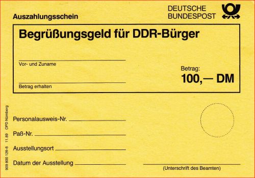 Postformular aus dem November 1989 für das Begrüssungsgeld für DDR-Bürger Postformular aus dem November 1989 für das Begrüssungsgeld für DDR-Bürger