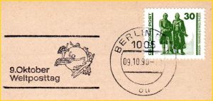 Sehr seltener Maschinenwerbestempel mit Werbung zum Weltposttag 1990, der nur am 9. Oktober 1990 eingesetzt wurde (Sammlung G. Borchers) Sehr seltener Maschinenwerbestempel mit Werbung zum Weltposttag 1990, der nur am 9. Oktober 1990 eingesetzt wurde (Sammlung G. Borchers)