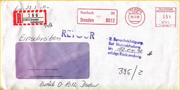 Einschreibebrief aus Dresden mit einen O-R-Zettel Selbstbucher vom März 1992 Einschreibebrief aus Dresden mit einen O-R-Zettel Selbstbucher vom März 1992