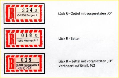 Auswahl an verschiedenen R-Zettelmöglichkeiten, hier nur die drei Varianten mit dem Druck der Firma Lück Auswahl an verschiedenen R-Zettelmöglichkeiten, hier nur die drei Varianten mit dem Druck der Firma Lück