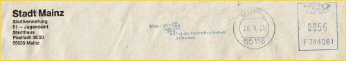 Absenderfreistempelausschnitt aus dem Jahr 2001 von der Stadt Mainz mit Werbung zum damaligen Tag der Absenderfreistempelausschnitt aus dem Jahr 2001 von der Stadt Mainz mit Werbung zum damaligen Tag der
