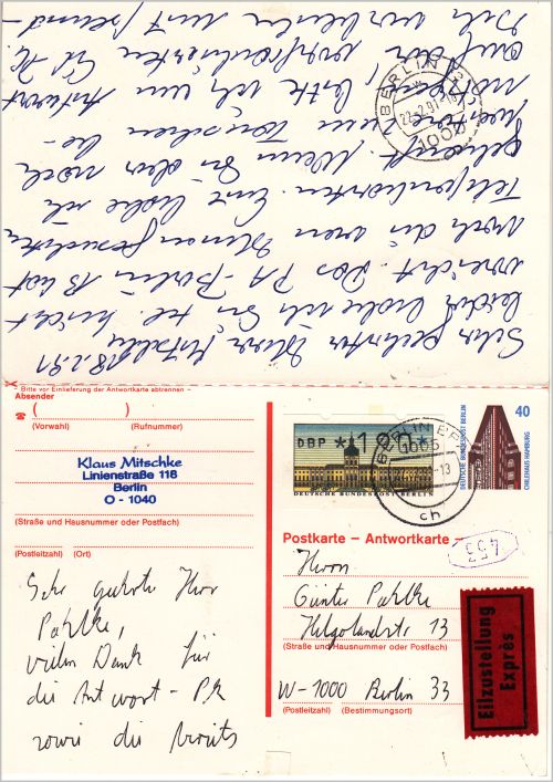Eil-Antwort-Postkarte gelaufen innerhalb Berlins (hin von West-Berlin nach Ostberlin – 240 Pfennig), hier die Rückseite zurück von Ost-Berlin, kostet diese im Februar 1991 nur noch 230 Pfennig Eil-Antwort-Postkarte gelaufen innerhalb Berlins (hin von West-Berlin nach Ostberlin – 240 Pfennig), hier die Rückseite zurück von Ost-Berlin, kostet diese im Februar 1991 nur noch 230 Pfennig