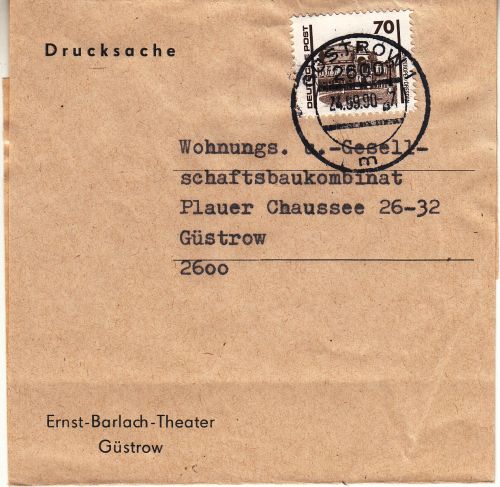 Drucksache als Streifband innerhalb des VGO aus Güstrow 1 vom 24.9.90 richtig als Drucksache mit 70 Pfennig frankiert Drucksache als Streifband innerhalb des VGO aus Güstrow 1 vom 24.9.90 richtig als Drucksache mit 70 Pfennig frankiert
