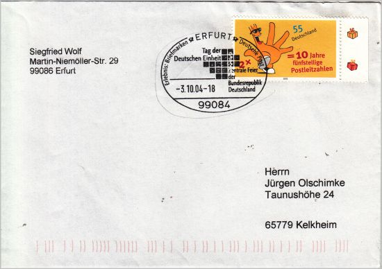 Brief mit Sonderstempel zum Tag der Deutschen Einheit im Jahr 2004 in Erfurt Brief mit Sonderstempel zum Tag der Deutschen Einheit im Jahr 2004 in Erfurt