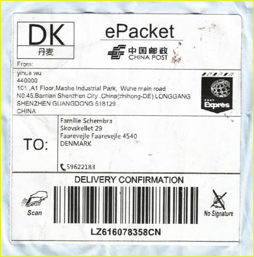  ePacket (Small Packet) Sendung aus China mit Sendungsverfolgung mit dem Nummernkreis „L“ nach Dänemark