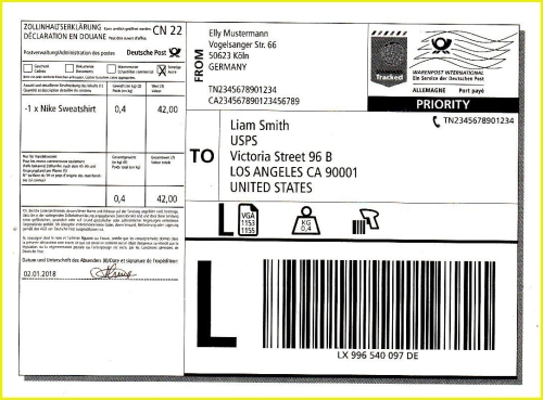 Musterlabel aus der Postbroschüre Internationaler Briefversand - Stand 1. Januar 2018 mit einer Tracked Sendung (also mit Sendungsverfolgung) Musterlabel aus der Postbroschüre Internationaler Briefversand - Stand 1. Januar 2018 mit einer Tracked Sendung (also mit Sendungsverfolgung)