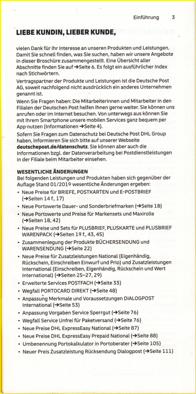 Die erste Seite mit den aus Sicht der Deutschen Post wesentlichen Änderungen zum 1. Juli 2019