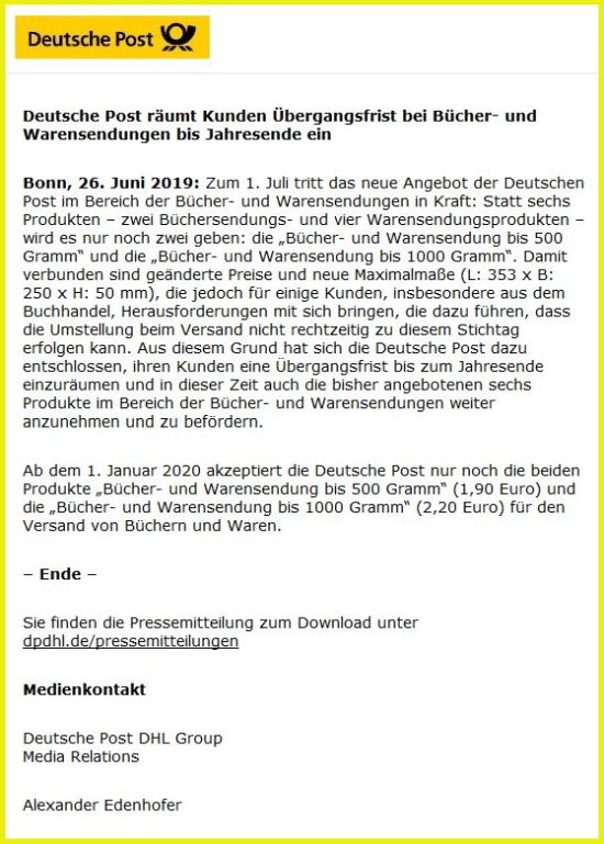 Presseinfo über Ausnahmeregelung zum Bereich Bücher- und Warensendungen vom 26. Juni 2019