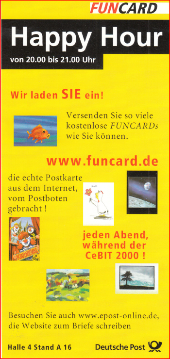 Vorderseite eines Werbeflyers der Deutschen Post aus dem Jahr 2000 von der CeBit zum Thema Funcard Vorderseite eines Werbeflyers der Deutschen Post aus dem Jahr 2000 von der CeBit zum Thema Funcard