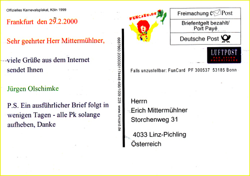 Anschriftenseite einer Funcard vom Februar 2000 nach Österreich mit dem zusätzlichen Motiv neben dem ePostvermerk und einem gedruckten Luftpostaufkleber Anschriftenseite einer Funcard vom Februar 2000 nach Österreich mit dem zusätzlichen Motiv neben dem ePostvermerk und einem gedruckten Luftpostaufkleber