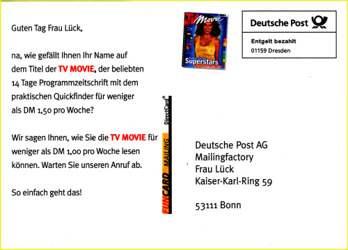 Anschriftenseite einer Funcard Mailingpostkarte, hier mit einem gedruckten Entgelt Bezahlt Vermerk mit zusätzlichem Bild neben dem Freimachungsvermerk, was beworben werden soll Anschriftenseite einer Funcard Mailingpostkarte, hier mit einem gedruckten Entgelt Bezahlt Vermerk mit zusätzlichem Bild neben dem Freimachungsvermerk, was beworben werden soll