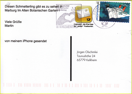 Anschriftenseite einer 2011 über die Postapp abgeschickten Funcard, erkennbar am zusätzlichen Logo links neben der manuell aufgeklebten selbstklebenden Briefmarke Anschriftenseite einer 2011 über die Postapp abgeschickten Funcard, erkennbar am zusätzlichen Logo links neben der manuell aufgeklebten selbstklebenden Briefmarke