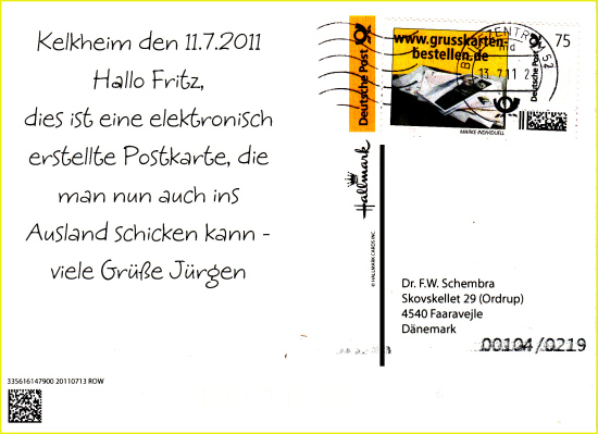 Anschriftenseite einer Grußkarte, die elektronisch auf der Webseite von Hallmark erstellt wurde und die mit einer 75 Cent Marke individuell für den 2011 gültigen Auslandstarif einer Postkarte frankiert war Anschriftenseite einer Grußkarte, die elektronisch auf der Webseite von Hallmark erstellt wurde und die mit einer 75 Cent Marke individuell für den 2011 gültigen Auslandstarif einer Postkarte frankiert war
