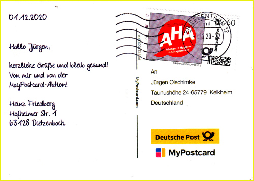 Corona-Gratispostkarte aus gemeinsamer Aktion der Deutschen Post und des App-Anbieters MyPostcard Corona-Gratispostkarte aus gemeinsamer Aktion der Deutschen Post und des App-Anbieters MyPostcard