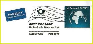Frankierausschnitt für den internationalen Versand mit dem Brief Kilotarif Freimachungsvermerk von MyPostcard Frankierausschnitt für den internationalen Versand mit dem Brief Kilotarif Freimachungsvermerk von MyPostcard