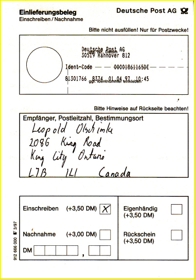 Der Einlieferungsbeleg im neuen Layout zu dem obigen gezeigten Einschreibebrief nach Kanada - statt eines Tagesstempels findet man hier nur noch einen Computerausdruck als Bestätigung