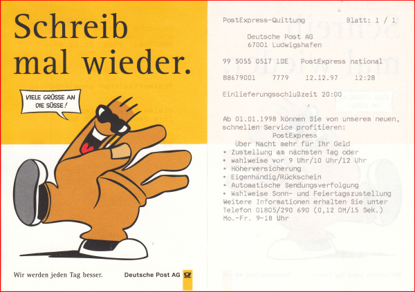 Hier die Vorderseite und die Rückseite eines am 12.12.1998 aufgegebenen Post-Expressbriefes im BZ Ludwigshafen