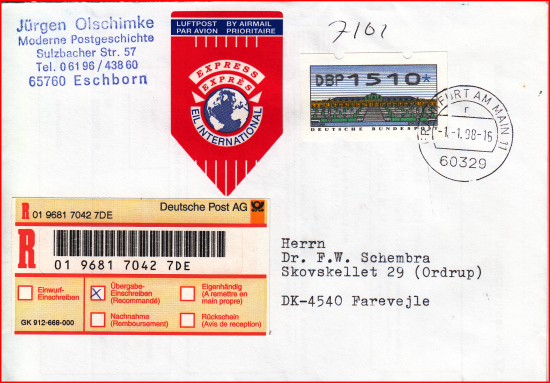 Der neue Eil-International-Aufkleber auf einen Auslandsbrief als Einschreiben vom 1. Januar 1998 (Ersttag)