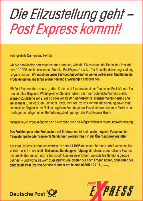 Infoblatt über die Änderungen von Eilzustellung zu Post Express