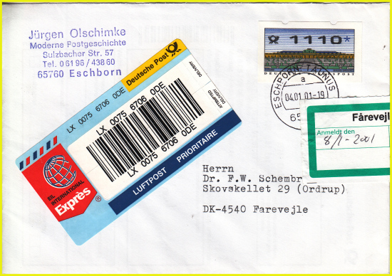 Eilbrief ins europäische Ausland mit dem neuen Strichcode-Aufkleber der Deutschen Post vom 04.01.2001