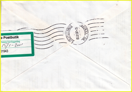 Die Rückseite des Eilbriefs nach Dänemark mit einem Ankunftsstempel vom Briefzentrum aus Dänemark